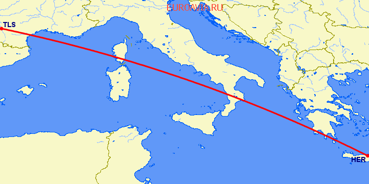 перелет Ираклион — Тулуза на карте