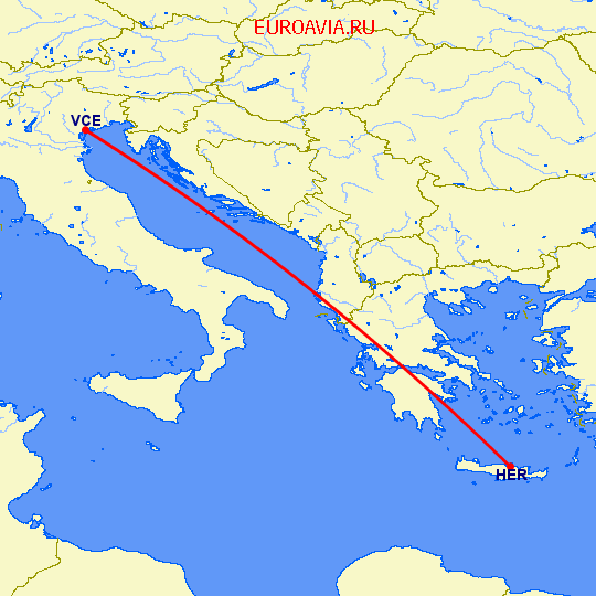 перелет Ираклион — Венеция на карте