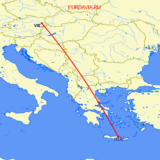 перелет Ираклион — Вена на карте