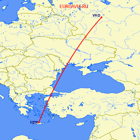 перелет Ираклион — Москва на карте