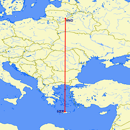 перелет Ираклион — Вильнюс на карте