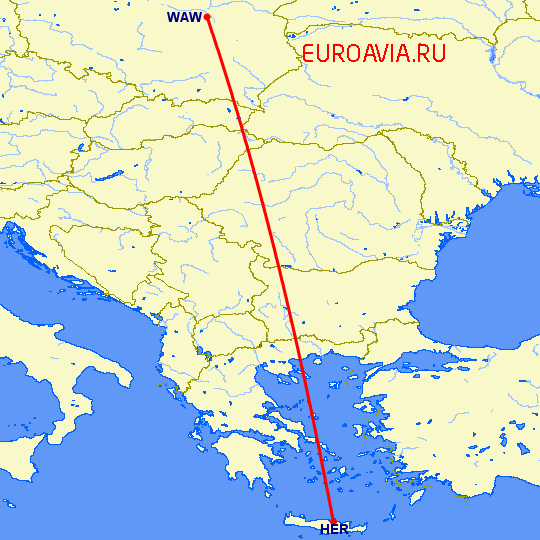 перелет Ираклион — Варшава на карте