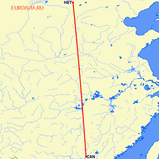 перелет Хоххот — Гуанчжоу на карте
