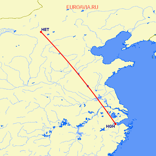 перелет Хоххот — Ханчжоу на карте