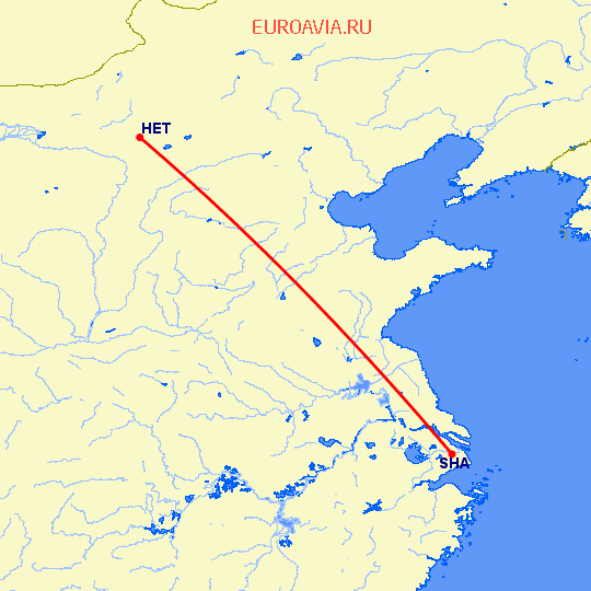 перелет Хоххот — Шанхай на карте