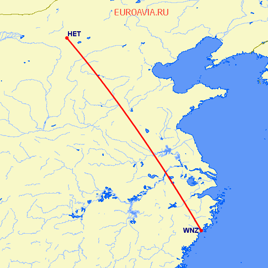 перелет Хоххот — Венчжоу на карте