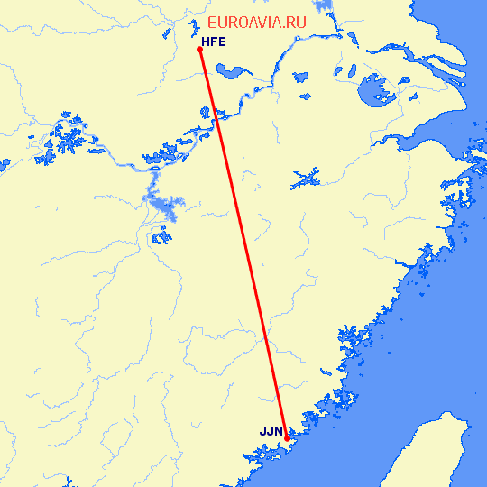 перелет Хефей — Цзиньян на карте