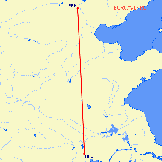 перелет Хефей — Пекин на карте