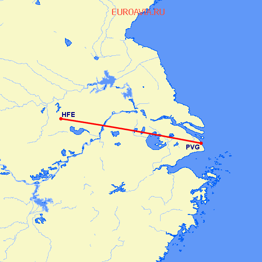 перелет Хефей — Шанхай на карте