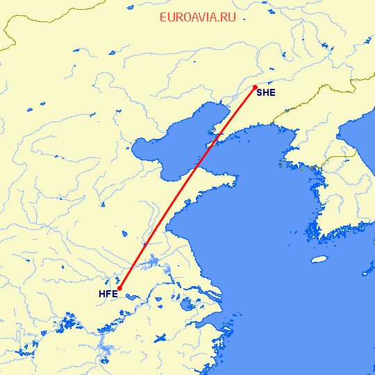 перелет Хефей — Шеньян на карте