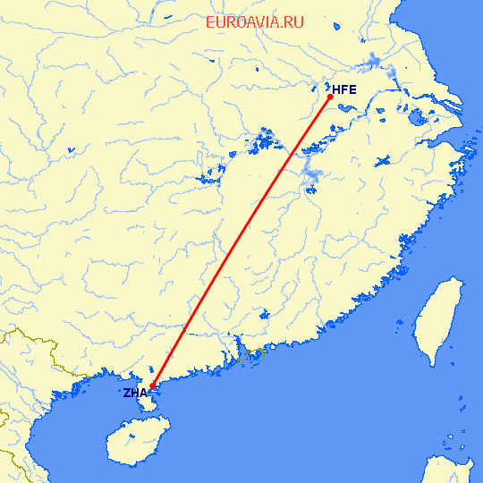 перелет Хефей — Чжаньчзян на карте