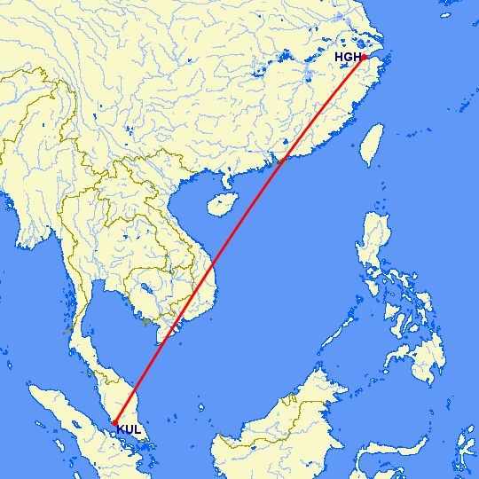перелет Ханчжоу — Куала Лумпур на карте