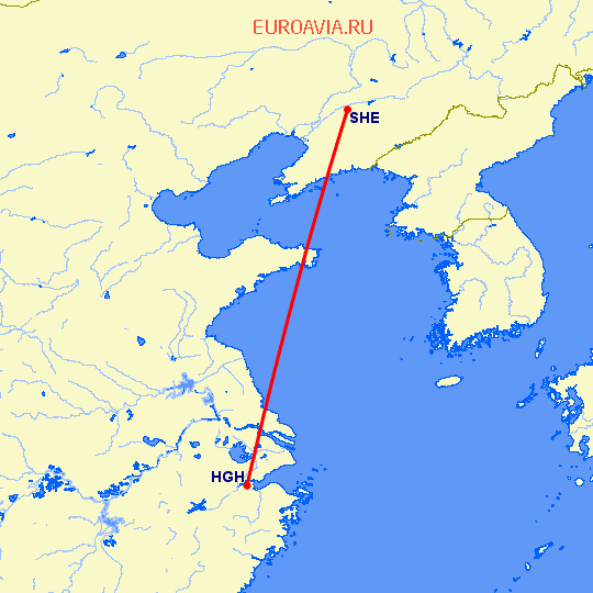 перелет Ханчжоу — Шеньян на карте