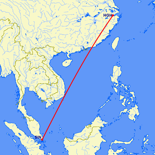 перелет Ханчжоу — Сингапур на карте