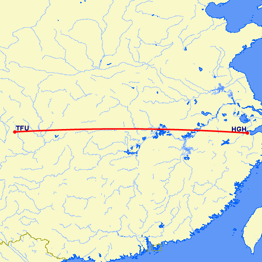 перелет Ханчжоу — Чэнду Тяньфу на карте