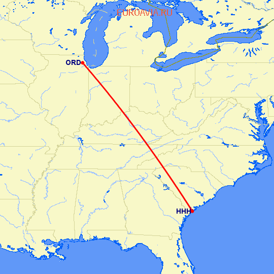 перелет Hilton Head — Чикаго на карте