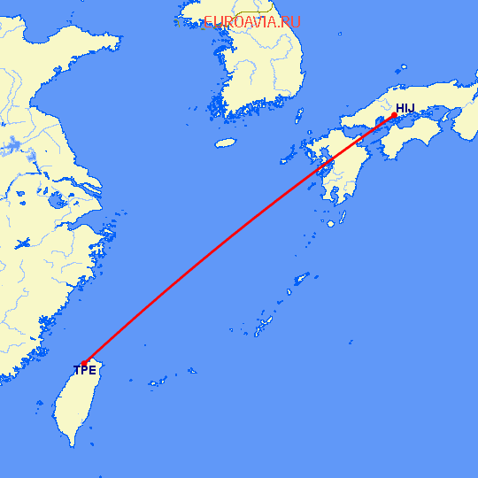перелет Хиросима — Тайбэй на карте
