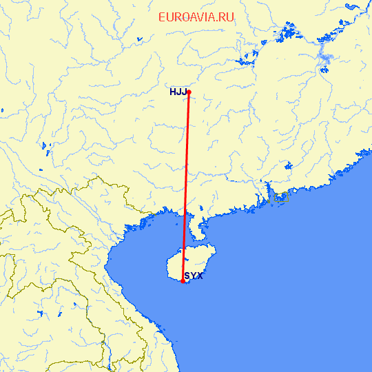 перелет Zhi Jiang — Санья на карте
