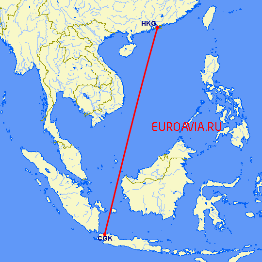 перелет Гонконг — Джакарта на карте