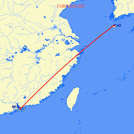 перелет Гонконг — Jeju на карте