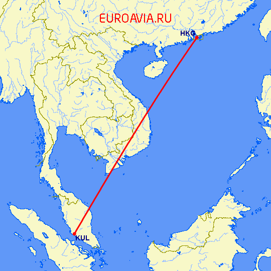 перелет Гонконг — Куала Лумпур на карте