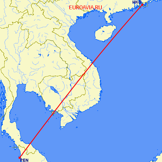 перелет Гонконг — Пенанг на карте