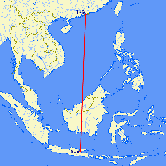 перелет Гонконг — Сурабайя на карте