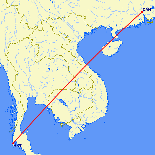 перелет Пхукет — Гуанчжоу на карте