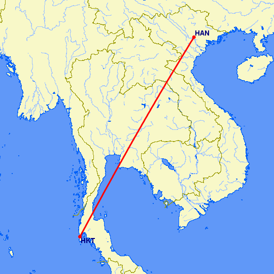 перелет Пхукет — Ханой на карте