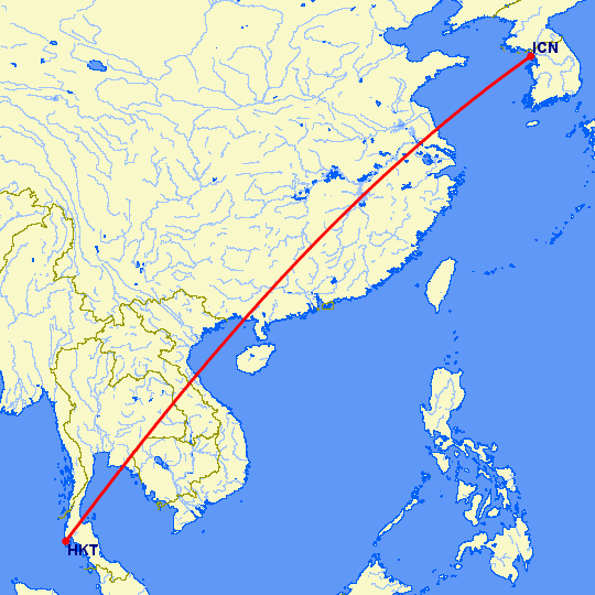 перелет Пхукет — Сеул на карте