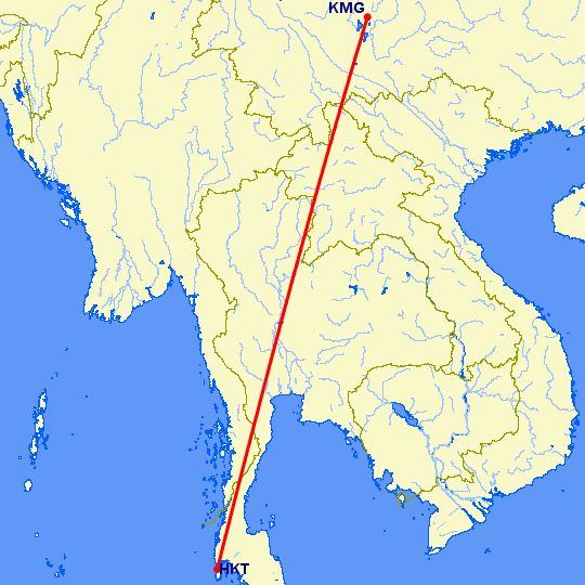перелет Пхукет — Кунминг на карте