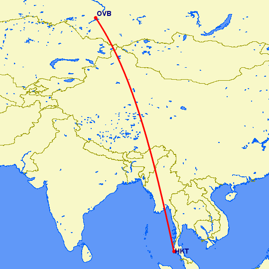 перелет Пхукет — Новосибирск на карте