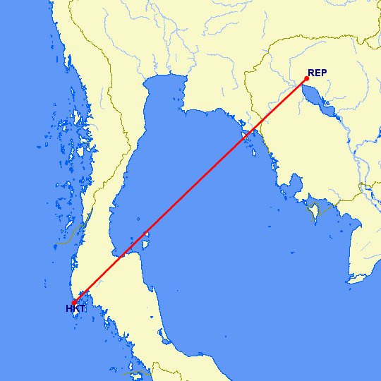 перелет Пхукет — Сием Рип на карте