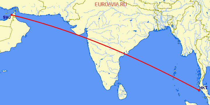 перелет Пхукет — Шарджа на карте