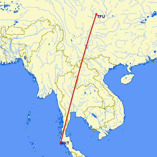 перелет Пхукет — Чэнду Тяньфу на карте