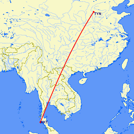 перелет Пхукет — Тайюань на карте