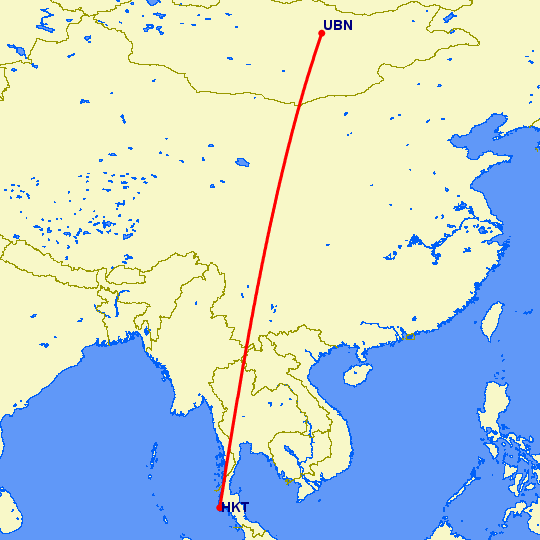 перелет Пхукет — Улан Батор на карте