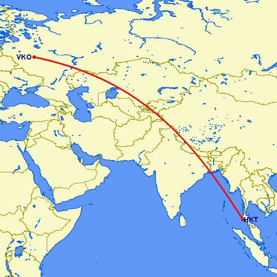 перелет Пхукет — Москва на карте