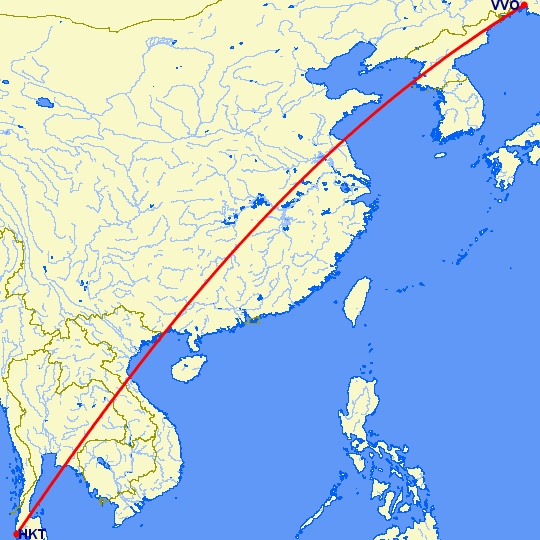 перелет Пхукет — Владивосток на карте