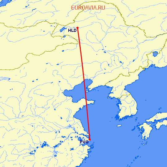 перелет Хайлар — Шанхай на карте
