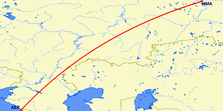 перелет Ханты Мансийск — Сочи на карте