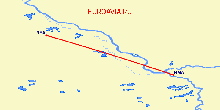перелет Ханты Мансийск — Нягань на карте