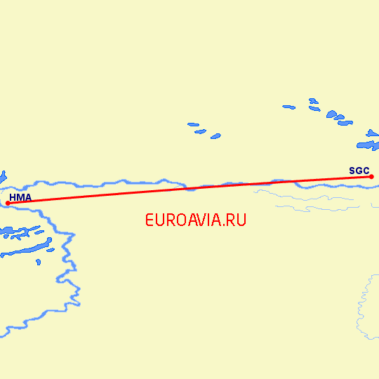 перелет Ханты Мансийск — Сургут на карте