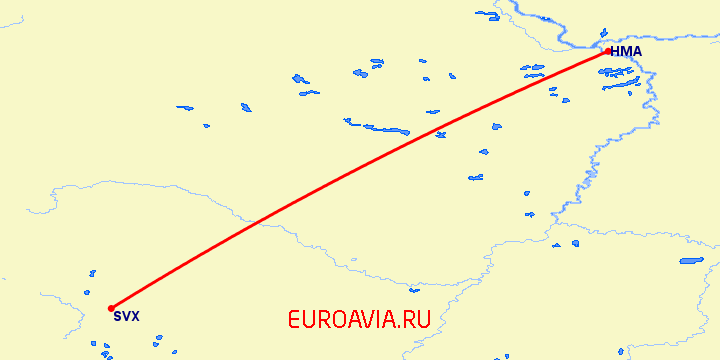 перелет Ханты Мансийск — Екатеринбург на карте