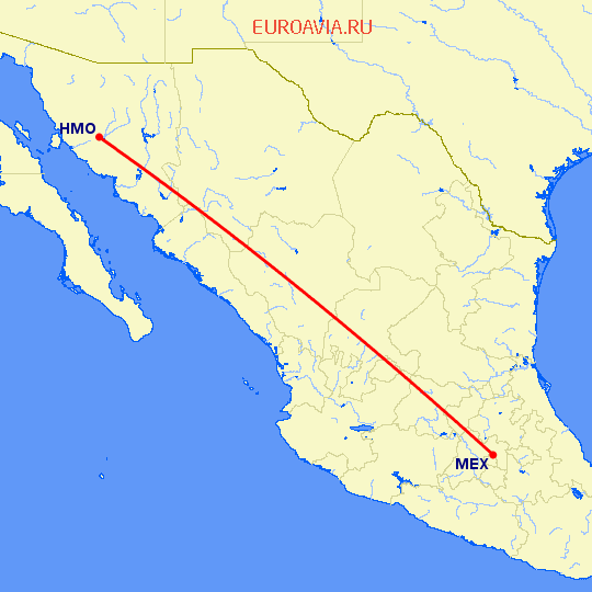 перелет Хермосилльо — Мексико Сити на карте