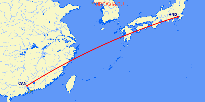 перелет Токио — Гуанчжоу на карте