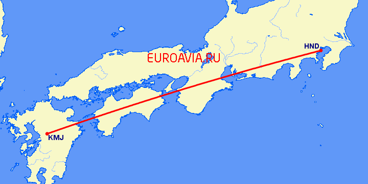 перелет Токио — Кумамото на карте