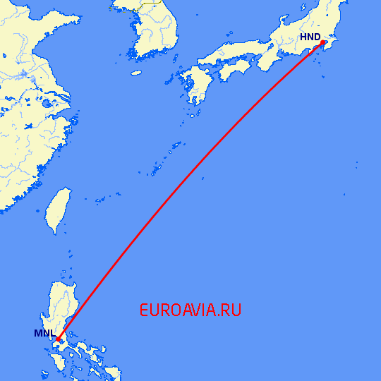 перелет Токио — Манила на карте