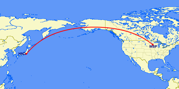 перелет Токио — Миннеаполис на карте