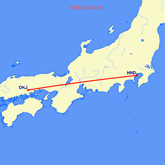 перелет Токио — Окаяма на карте
